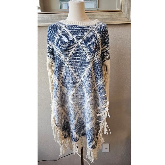 Tea n Rose Boho Knit Long Fringed Hem Pullover Sweater Western S/M Blue Cream - Picture 1 of 6